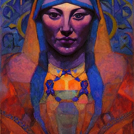 Image similar to the crystal crown, by Annie Swynnerton and Nicholas Roerich and Diego Rivera, bioluminescent skin, elaborate costume, geometric ornament, symbolist, rich color, dramatic cinematic lighting, smooth, sharp focus, extremely detailed
