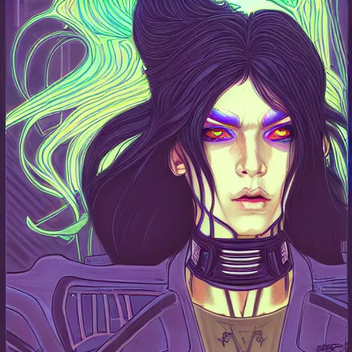 Image similar to portrait painting of a cyberpunk androgynous elf with beautiful flowing black hair and eyes, sharp focus, award - winning, trending on artstation, masterpiece, highly detailed, intricate. art by josan gonzales and moebius and deathburger