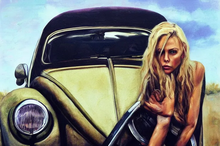 Prompt: beautiful y charlize theron with long blonde hair locks holds over its head on its two hands old volkswagen beetle, oil on canvas, naturalism