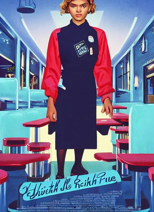 Prompt: poster artwork by michael whelan and laurent durieux, portrait of a high school student zendaya!!!!! wearing rr diner uniform working at the local diner, confectioner in a pastry shop, full length shot, shining, from scene from twin peaks, clean