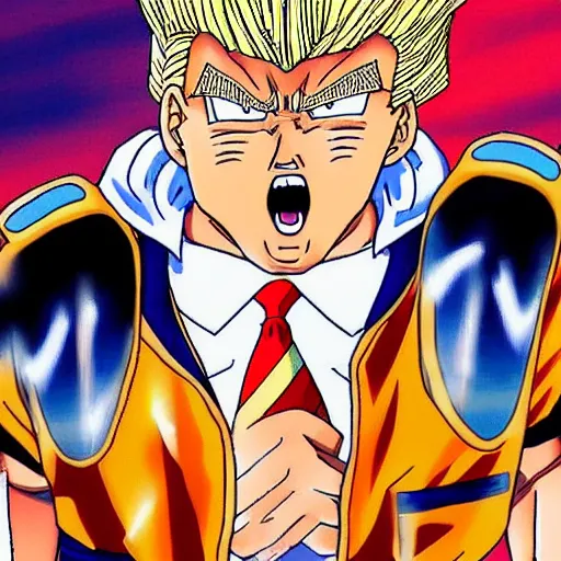 Image similar to still photo of donald trump in dragon ball (1989), anime,