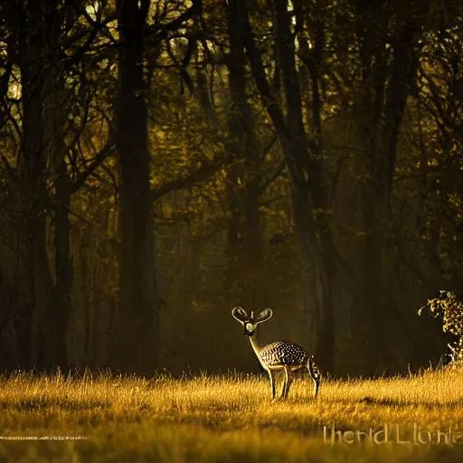 Image similar to a beautiful spotted deer in the woods lit by the morning sky, sunrise, chital, photorealistic, by annie leibovitz and steve mccurry, natural light, canon eos c 3 0 0, ƒ 1. 8, 3 5 mm, 8 k, medium - format print