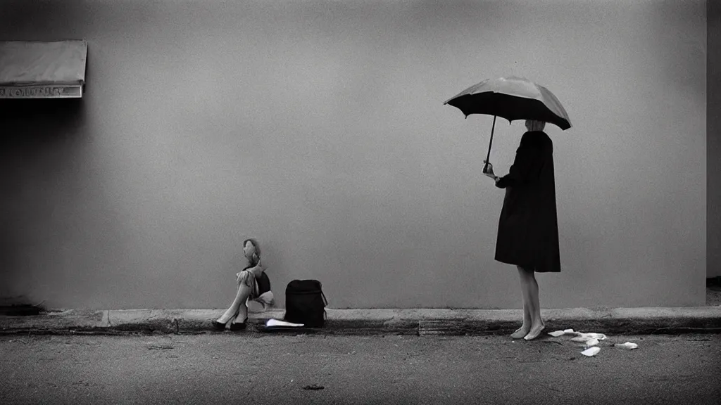 Prompt: “ a woman waiting on the corner holding an umbrella, photography by gregory crewdson ”