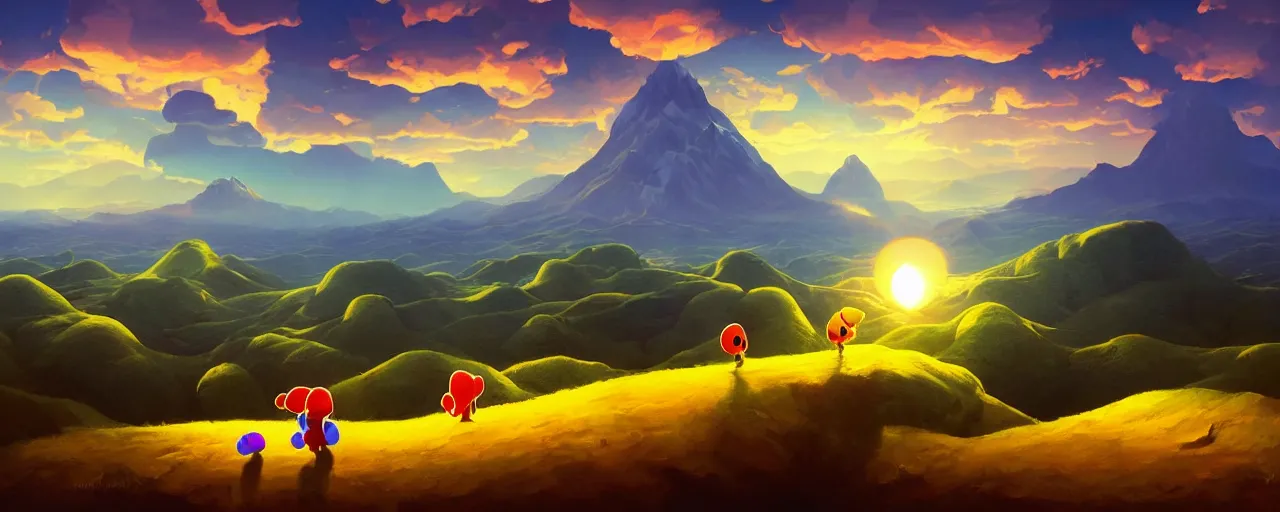 Image similar to detailed round pacman, with ghosts, in a beautiful nature landscape with clouds, mountains, in background, sunset, by rhads, round pacman, detailed, coherent