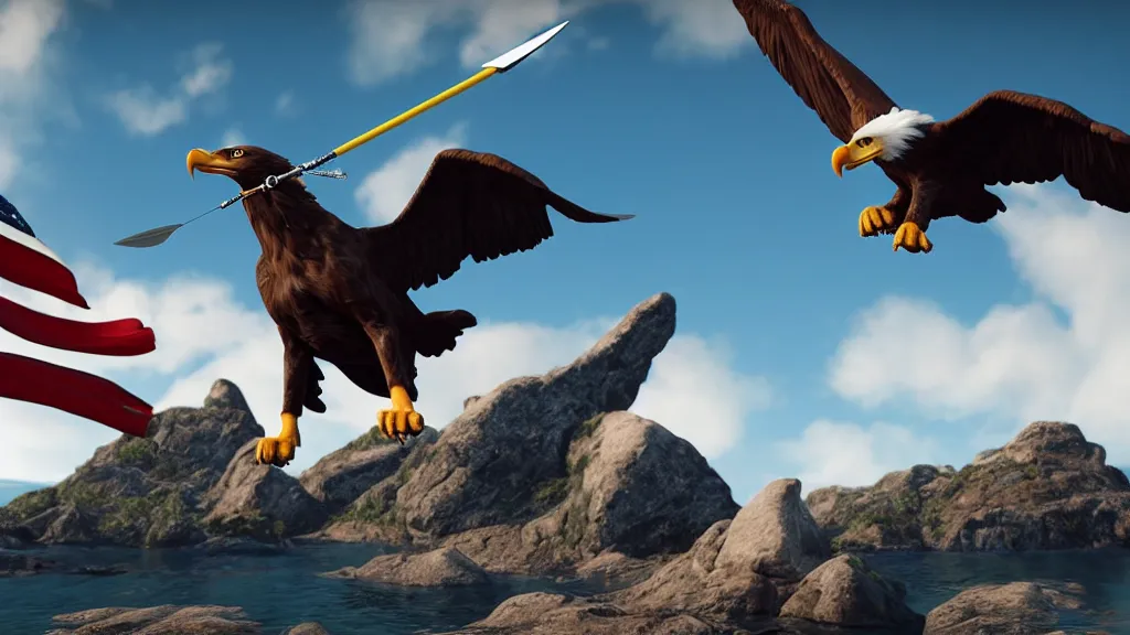 Image similar to a dog with a trident flying with a bald eagle, patriotic, highly detailed, unreal engine