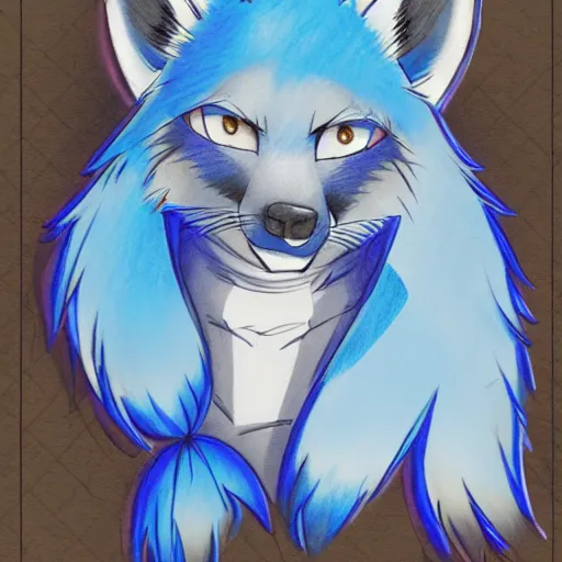 Image similar to high quality anime style colored pencil sketch portrait of an anthro furry fursona blue fox wearing a hoodie, handsome eyes, sketch doodles surrounding it, notebook sketch