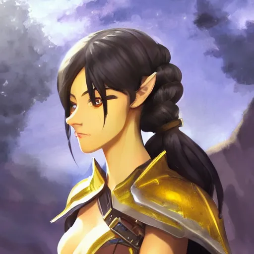 Prompt: a dark elf girl with yellow eyes and hair, ponytail, wearing armor, highly detailed, digital painting, artstation, matte, by makoto shinkai, animation style