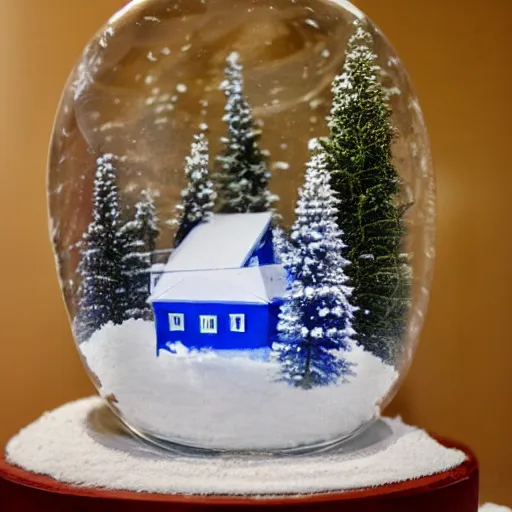 Image similar to A snowglobe on display with a log cabin inside.