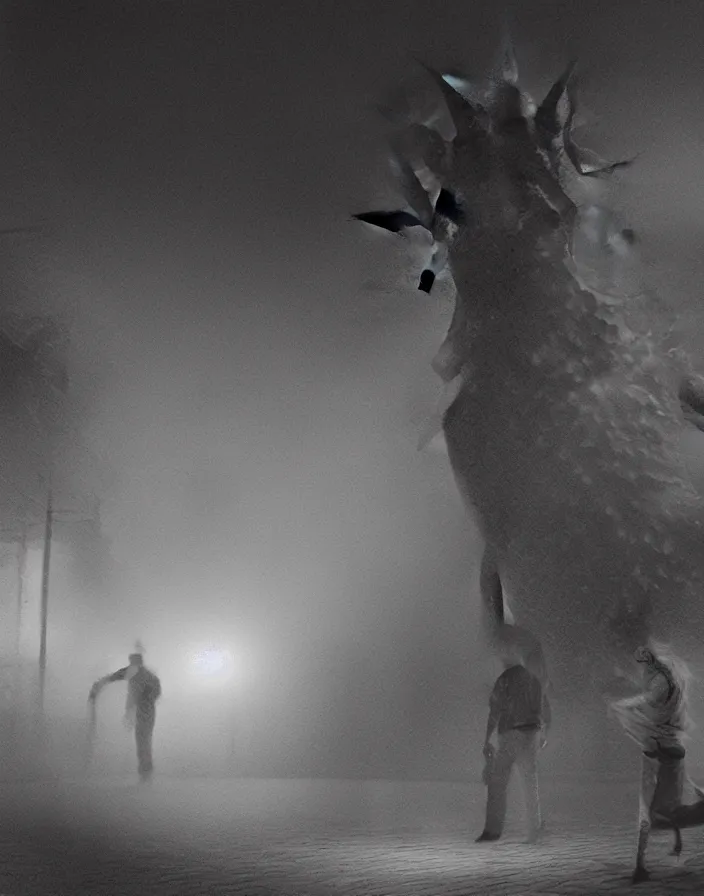 Image similar to very low - resolution found footage of a couple escaping in the city from a starfish kaiju monster, fog, foggy, korean film noir, monochrome, red hue, thriller, underdeveloped, epic, dramatic