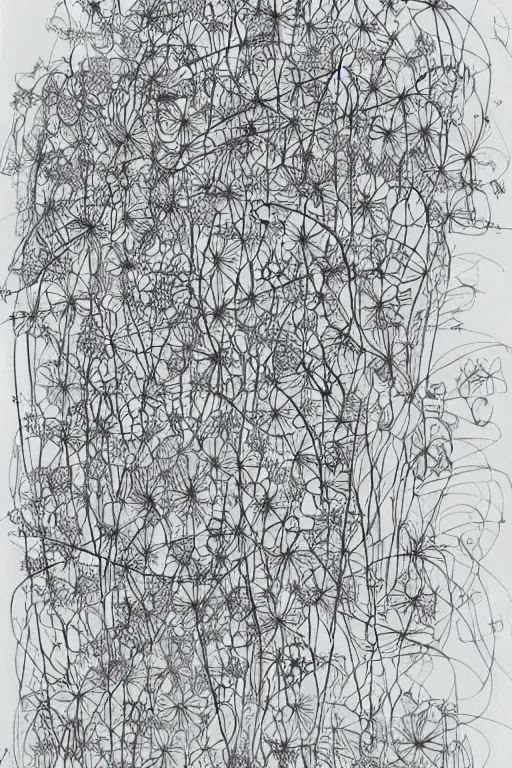 Prompt: single line sketch of cascading garden with large flowers, scribble sketch, small details,