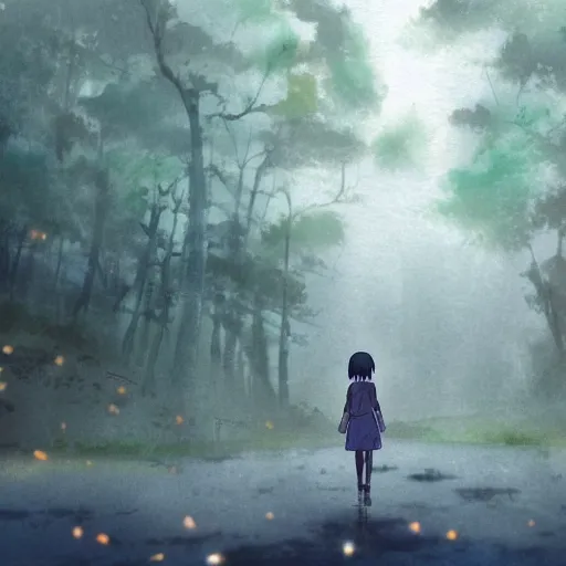 Image similar to anime, incredible wide screenshot, ultrawide, simple watercolor, rough paper texture, ghost in the shell movie scene, girl in a dress running through the beautiful forest city, outdoors, fireflies bleached ground, mud, fog, dust