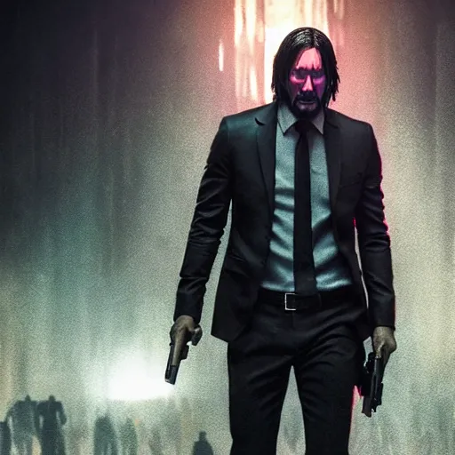 Image similar to john wick in the purge, artstation hall of fame gallery, editors choice, #1 digital painting of all time, most beautiful image ever created, emotionally evocative, greatest art ever made, lifetime achievement magnum opus masterpiece, the most amazing breathtaking image with the deepest message ever painted, a thing of beauty beyond imagination or words, 4k, highly detailed, cinematic lighting