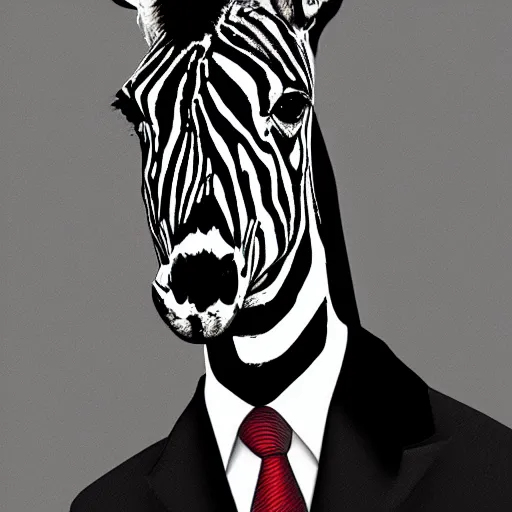 Prompt: a Portrait of a zebra in a suit, digital art