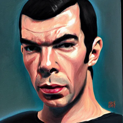 Prompt: Ethan peck as Spock, oil painting, sad