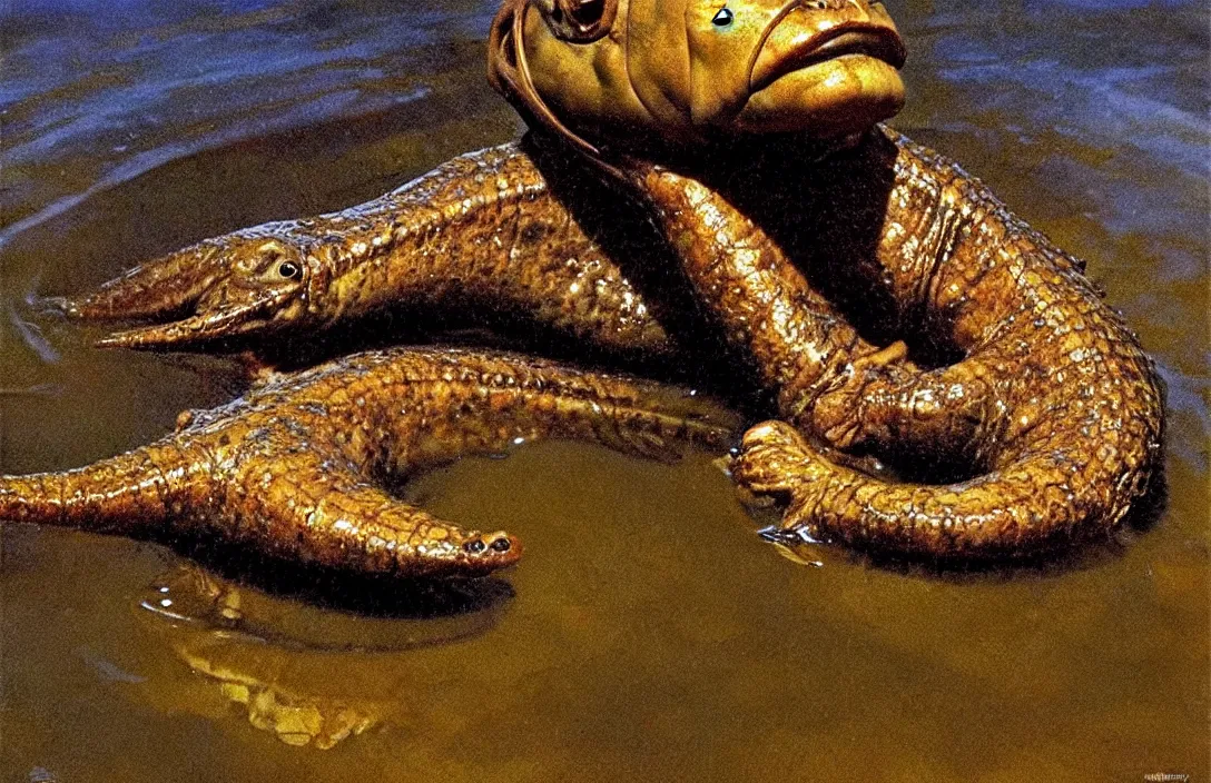 Image similar to portrait of a mudskipper!!!!!!!!!!!!!!!!!!!!!!!!!!!, detailed face, detailed painting, epic lighting, by ilya repin, phil hale and kent williams