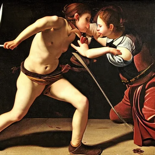 Image similar to two young girls fighting in an arena with swords, blood is splattering, highly detailed painting by the caravaggio 8 k