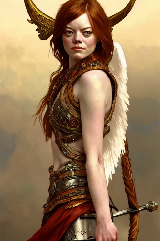 Image similar to Emma Stone as an Viking warrior angel, fantasy, intricate, elegant, highly detailed, digital painting, artstation, concept art, smooth, sharp focus, illustration, art by alphonse mucha