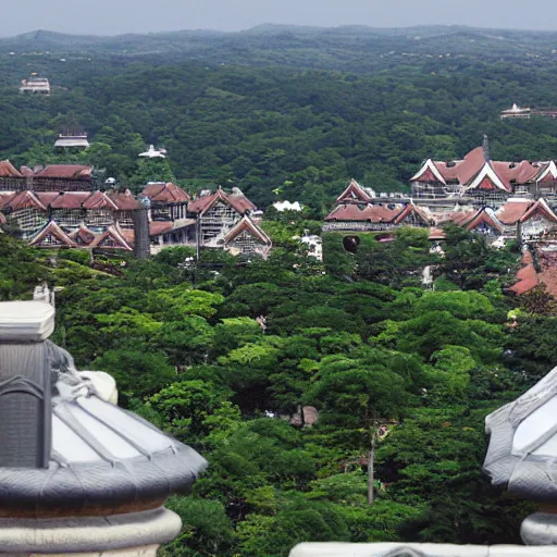 Image similar to makoto shinkai view from castle balcony overlooking kingdom