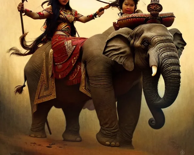 Image similar to magic tribal ethnic asian female, riding a war elephant, gorgeous lighting by weta studio, mucha, bautista and norman rockwell and greg rutkowski and tom bagshaw and james gurney and lucasfilm