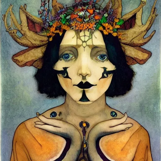 Image similar to the bone crown, by Annie Swynnerton and Nicholas Roerich and (((Diego Rivera))) and (((Edmund Dulac))), bioluminescent skin, floral tattoos, goth costume, geometric ornament, symbolist, rich colors, dramatic lighting, smooth, sharp focus, extremely detailed