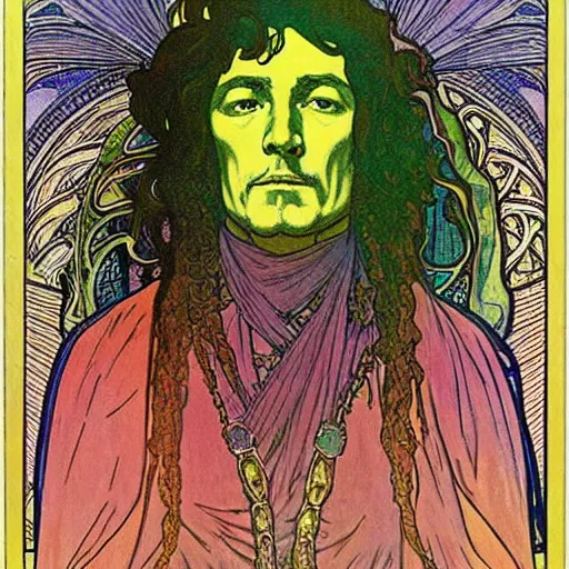 Prompt: “colorfull artwork by Franklin Booth and Alphonse Mucha and Moebius showing a portrait of Robert Plant”