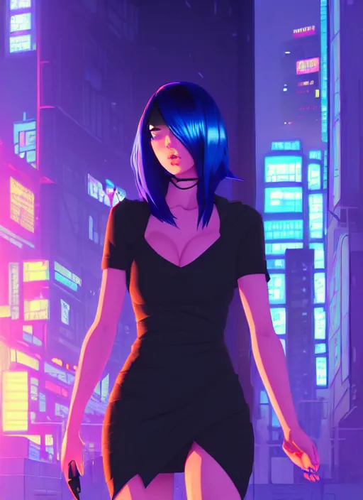 Image similar to digital illustrationportrait of cyberpunk pretty girl with blue hair, wearing a tight black dress, in city street at night, by makoto shinkai, ilya kuvshinov, lois van baarle, rossdraws, basquiat