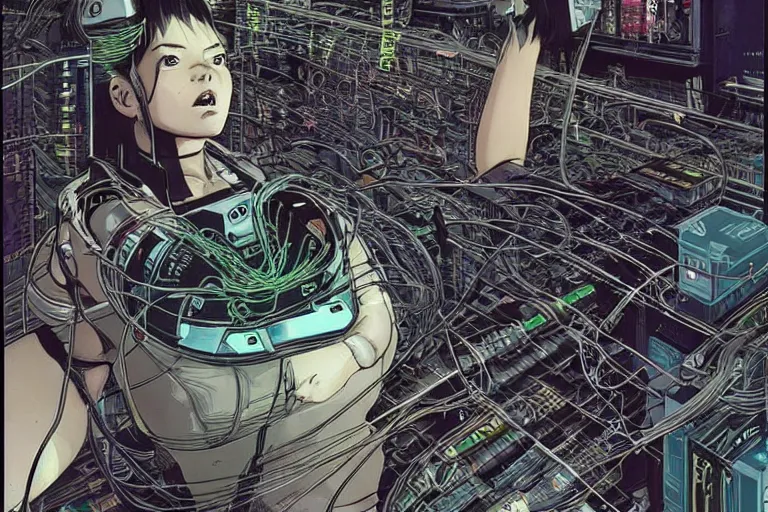 Prompt: an intricate, awe inspiring cyberpunk illustration of a female android body lying open on a labor floor, wires and cables coming out, by masamune shirow and katsuhiro otomo ((colorful)) (((super coherent)))