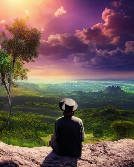 Image similar to an ancient jewish man looking over a strikingly beautiful stunning nature horizon, very realistic, highly detailed, photorealistic, dusk