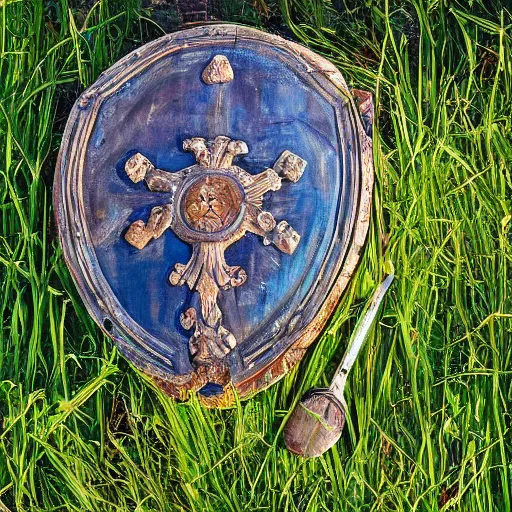 Prompt: a Roman shield sits abandoned in tall green grass next to a peaceful stream, beautiful day, happy painting, detailed, fantasy