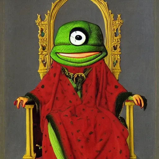 Prompt: pepe the frog on a throne in the style of Jan van Eyck