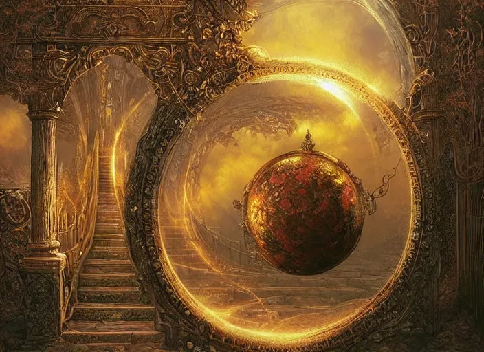 Prompt: large rustic intricately decorated cast iron gate, a view to an eerie fantasy world, golden glowing sphere, ethereal back light, mist, coherent composition, detailed fantasy painting by noriyoshi ohrai, yuumei