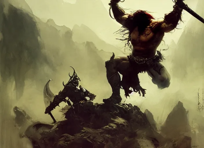 Image similar to conan the barbarian, intricate, elegant, highly detailed, vivid colors, john park, frazetta, sparth, ruan jia, jeffrey catherine jones