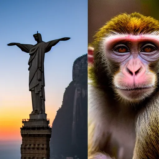 Image similar to high quality portrait of a monkey in front of Christ The Redeemer, studio photograph, photograph, realistic photo, 8k photo, 4k photo, stock photo, high resolution, cinematic shot, high detail