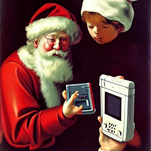 Image similar to Father Christmas playing with a nintento Gameboy Painted by Caravaggio