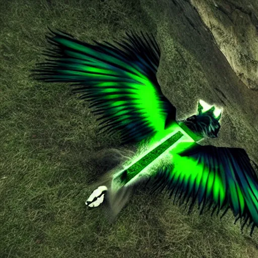 Image similar to a wolf with wings on it's back and glowing green eyes, flying, nature photography,