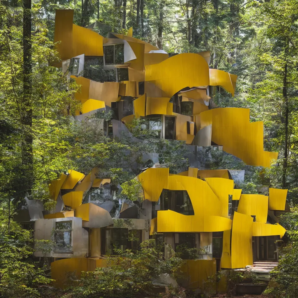 Prompt: architecture ad for a small flat mid-century modern house in the forest, designed by Frank Gehry. Big Tiles. Film grain, cinematic, yellow hue