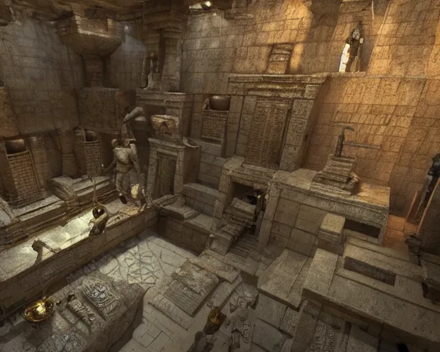 Prompt: screenshot of tomb raider ps 5, an ancient undiscovered egyptian treasure room entirely made of shiny gold, full of ingots and gems and precious, concept art, architecture design, pyramids style, rtx, nvidia, renderer