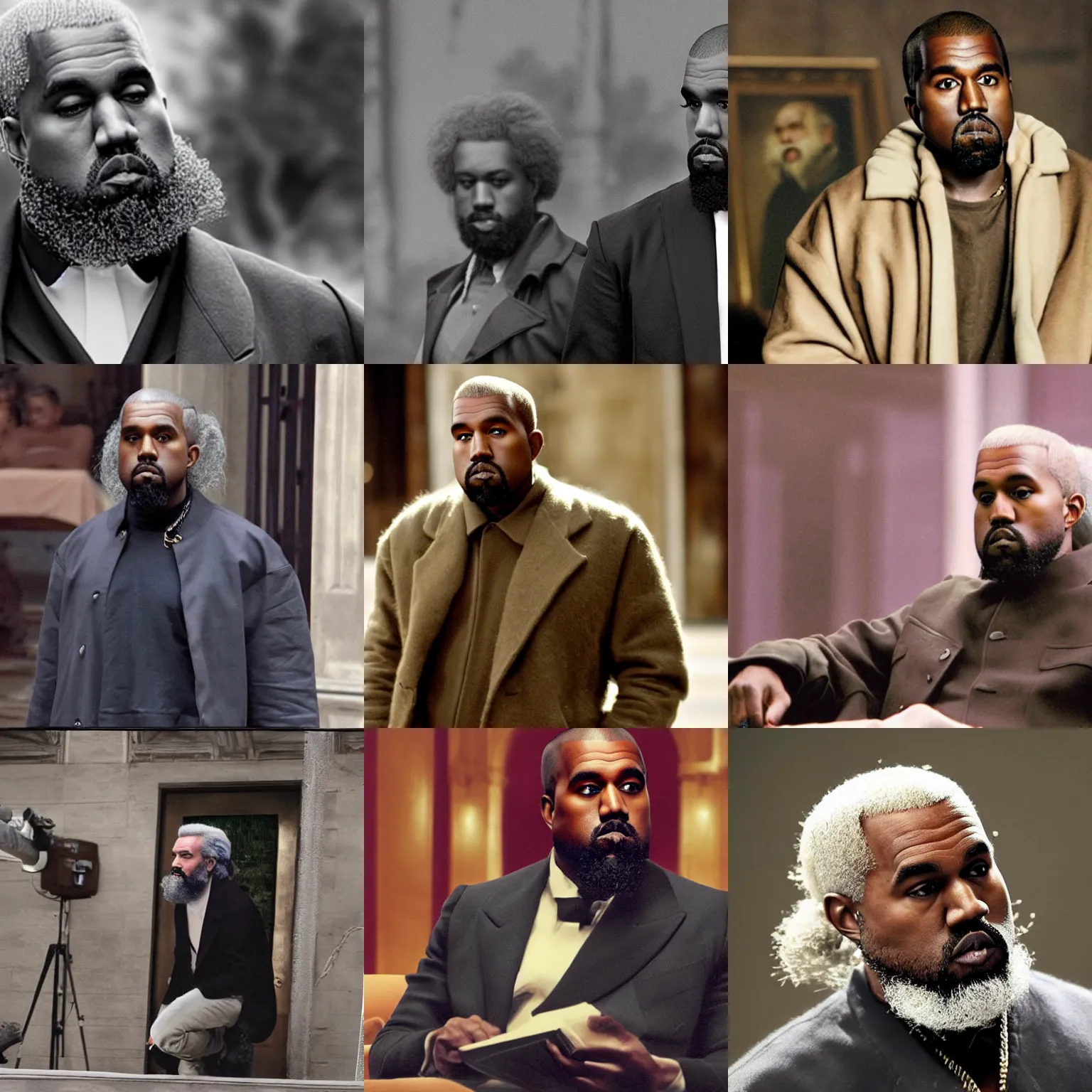 Image similar to kanye playing karl marx in a movie, photo