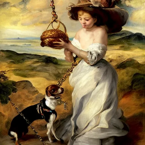 Image similar to heavenly summer sharp land sphere scallop well dressed lady walking her chihuahua on a leash auslese, by peter paul rubens and eugene delacroix and karol bak, hyperrealism, digital illustration, fauvist, chihuahua on a leash