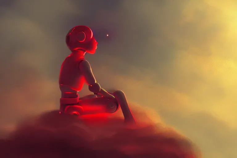 Image similar to a cute robot girl sitting on a cloud relaxing, red lighting, mist, digital art,