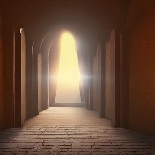 Prompt: a ginger cat that is walking down a hallway, egyptian art by hanns katz, pixabay contest winner, magical realism, anamorphic lens flare, storybook illustration, matte painting