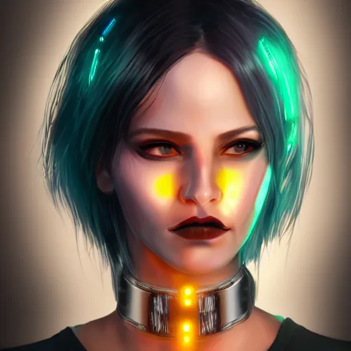 Prompt: headshot of cyberpunk punk woman wearing thick steel choker around neck, 4K, detailed face, collar on neck, realistic, artstation, neon,