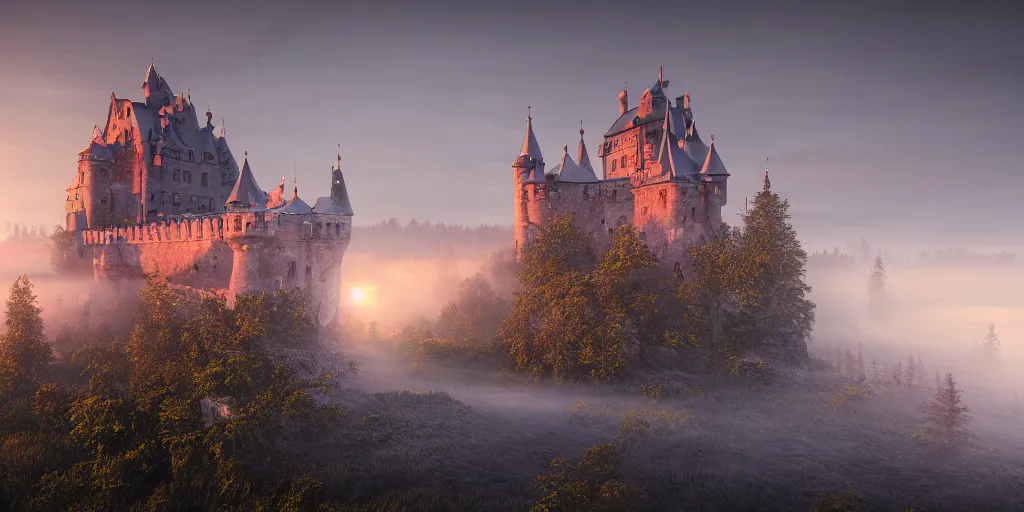 Prompt: a highly detailed photo of a nordic castle surrounded by a mist shot during sunrise on 3 0 mm film painted by alena aenami, rendered in unreal engine