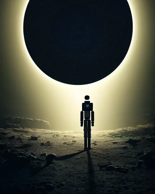 Image similar to a robot standing in front of a glowy open door that's on a barren moon, poster art by mike winkelmann, trending on cg society, space art, sci - fi, ue 5, futuristic, volumetric lighting, light casting onto the ground, neat composition and camera angle