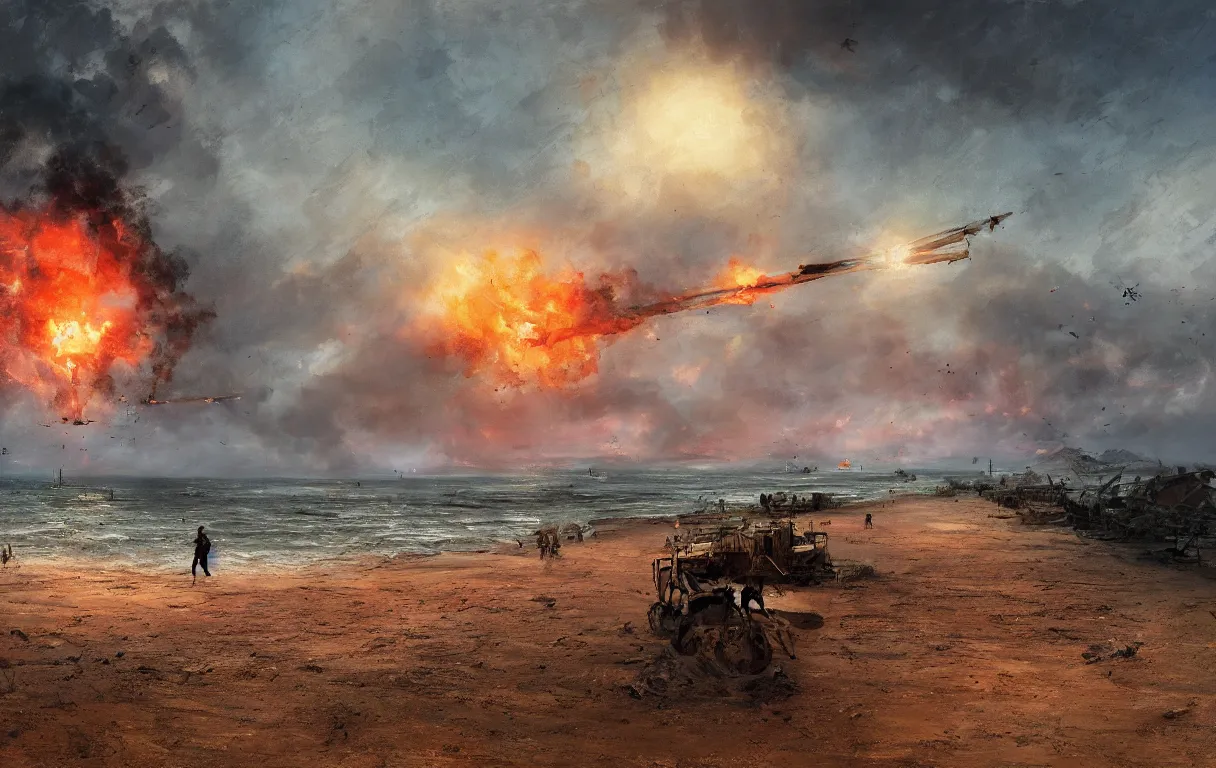 Image similar to A digital painting of Normandy's beach, 1945, by Ismail Inceoglu and Caspar David Friedrich, stunning, photorealistic, highly-detailed, bombs, fire, smoke, devastation, 4k, ue5, light effect, rtx on, realistic, cinematic, IMAX quality, trending on artstation