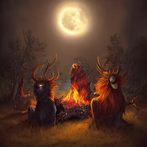 Image similar to strange mythical beasts of sitting around a fire under a full moon, surreal dark uncanny painting by ronny khalil