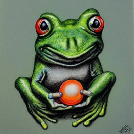 Image similar to zuma frog shooting balls from its mouth, with a colored ball on its back, surrealist pastel drawing