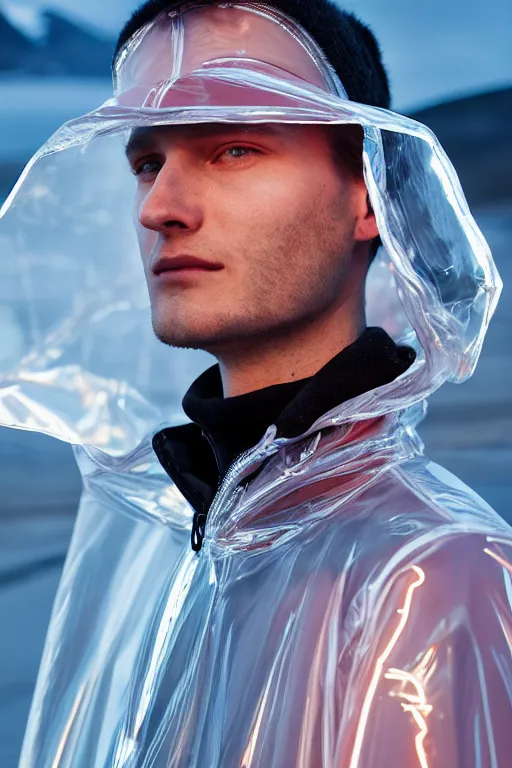 Image similar to an ultra high definition professional high fashion portrait studio full length photograph of a male model wearing a transparent pearlescent raincoat and neon visor in an icelandic black rock environment at dawn. no artefacts. extremely detailed. stark. refraction. shallow depth of field. volumetric light and shadow. ray tracing. light rays.