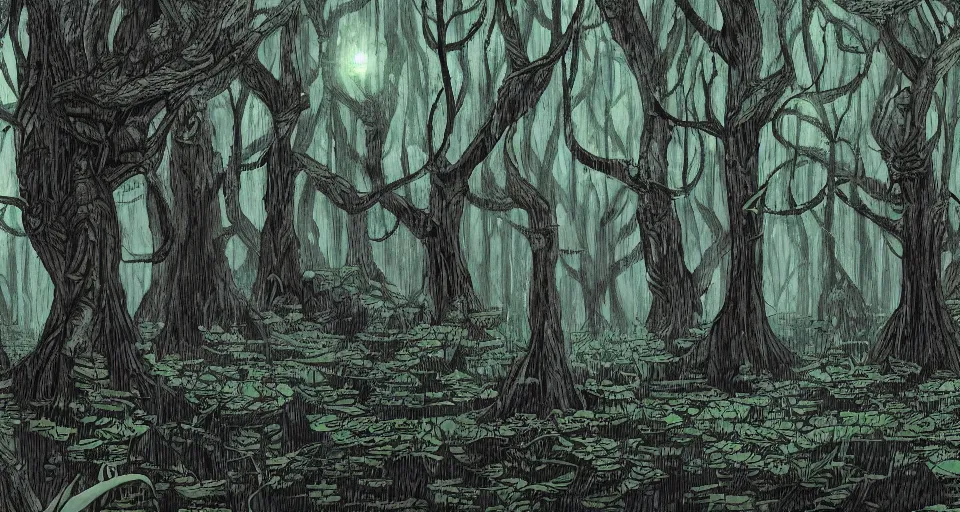 Prompt: A dense and dark enchanted forest with a swamp, from Cryptid Academia