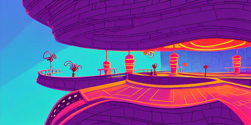 Image similar to curly perspective digital art of minimalistic indoor top floor of a casino with a balcony to the ground floor by anton fadeev from ( nightmare before christmas )!!!!!!!!!!